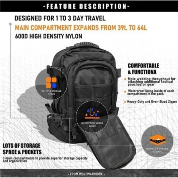 MEN'S Large Capacity Backpack New-black Tactical Daypack Hiking Camping Travel - Picture 4 of 8